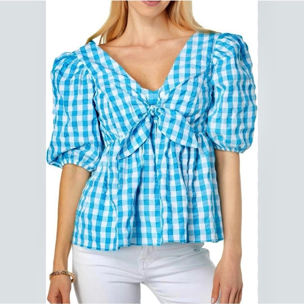 NWT Lilly Pulitzer Sarafina Short Sleeve Turquoise Oasis Crinkle Gingham Top